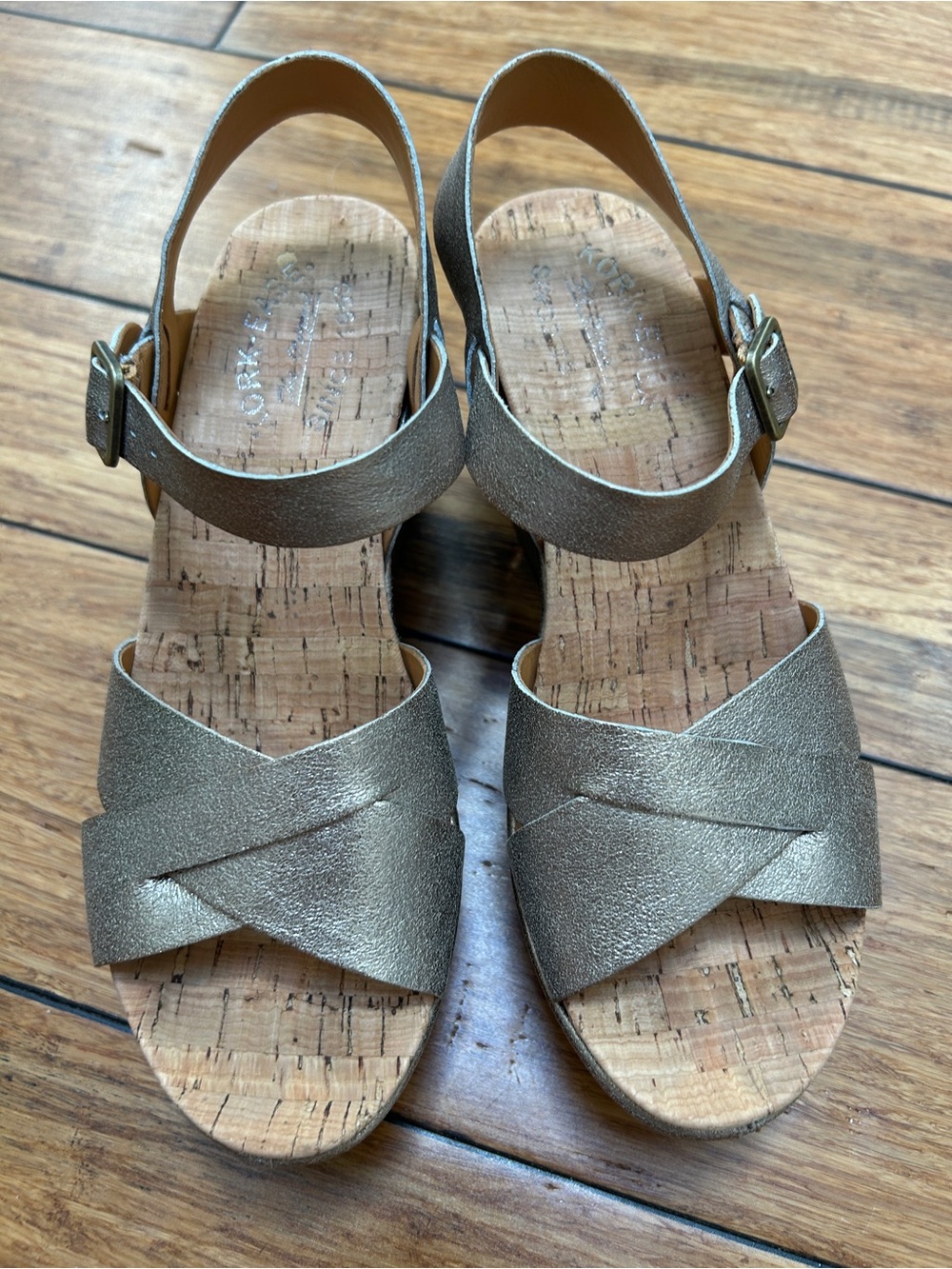 Kork-Ease soft gold metallic wedges